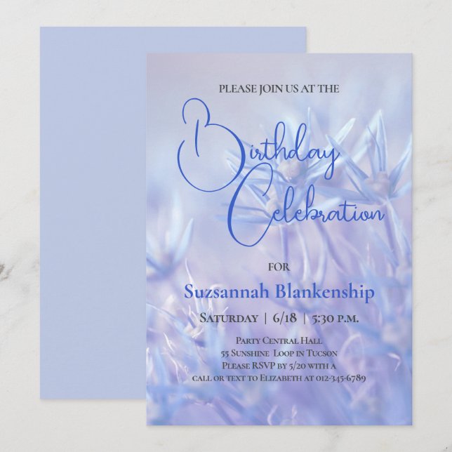 Invitación Fondo Floral Azul Pastel Cumpleaños (Anverso / Reverso)