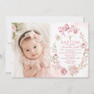 Invitación Fondo floral de rosa polvorienta rosa cruz niña ba