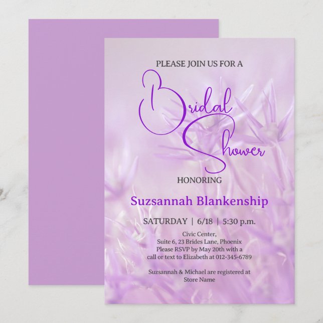 Invitación Fondo floral morado pastel para despedida de solte (Anverso / Reverso)