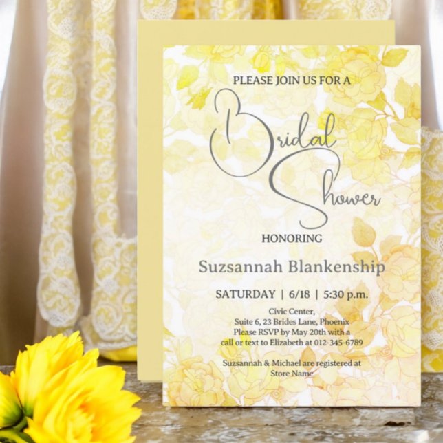 Invitación Fondo floral pastel sutil para despedida de solter (Front & Back Design Examples for yellow floral bridal shower invitation.)