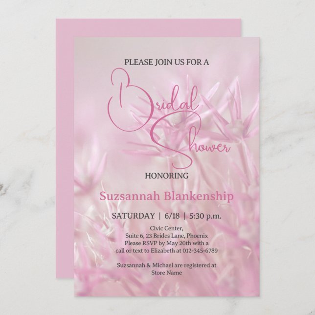 Invitación Fondo floral rosa pastel Ducha de novia (Anverso / Reverso)