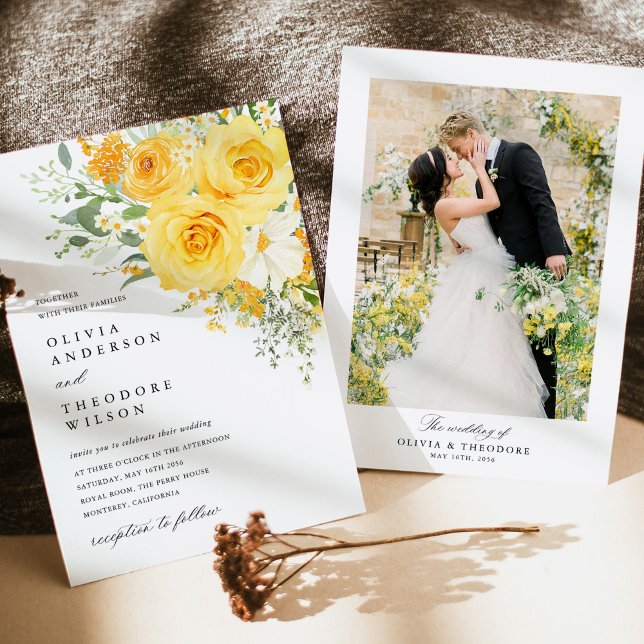 Invitación Fondo fotográfico de boda de rosa floral amarilla (Yellow floral rose wedding invitation with photo back, watercolor yellow rose wedding stationery)