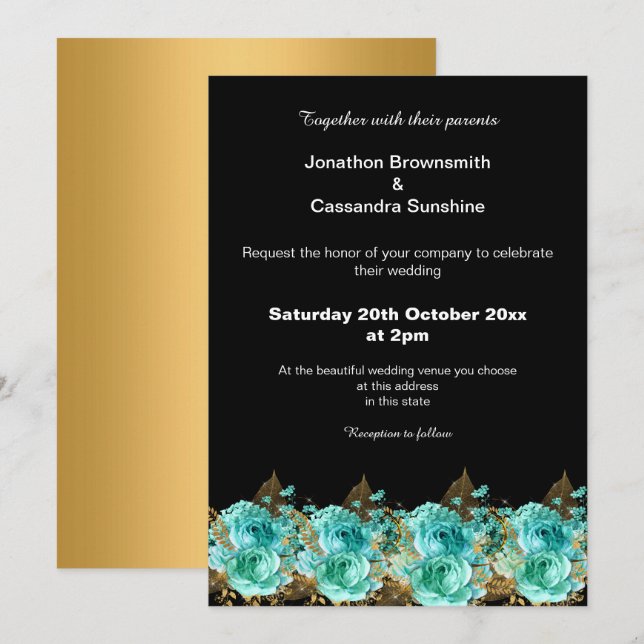 Invitación Fondo negro del Boda floral Gold Aqua (Anverso / Reverso)