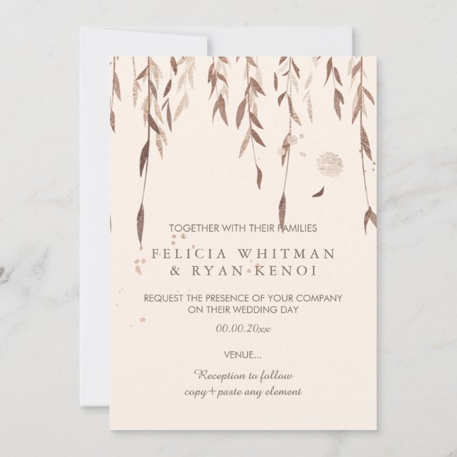 Invitación Fondo PixDezines Willow/Faux Pink Gold/DIY (Reverso)