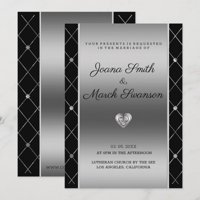 Invitación Fondo plateado y Boda cardíaco (Anverso / Reverso)