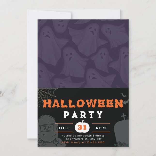Invitación Fondo púrpura con fantasmas blancos Halloween negr (Anverso)