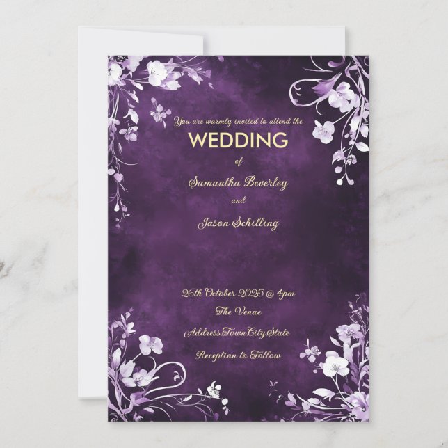 Invitación Fondo púrpura profundo con bordes florales blancos (Anverso)