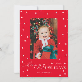 Invitación Fondo rojo Pompom Polka Dot Photo Holiday Card