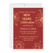 Fondo rojo y fuegos artificiales Feliz Año Nuevo 