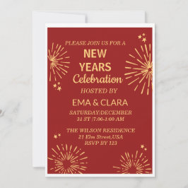 Invitación Fondo rojo y fuegos artificiales Feliz Año Nuevo 