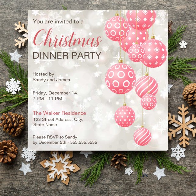 Invitación Fondo rosa de tonos grises pastel (Pink baubles grey pastel colors background Christmas dinner party editable template invitation)