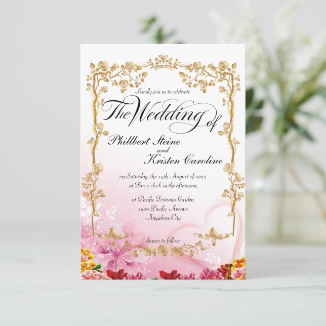 Invitación fondo rosa hermoso con borde dorado floral (Anverso de pie)