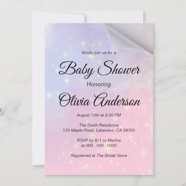Invitación Fondo Rosa Y Azul Con Baby Shower De Estrellas (Anverso)