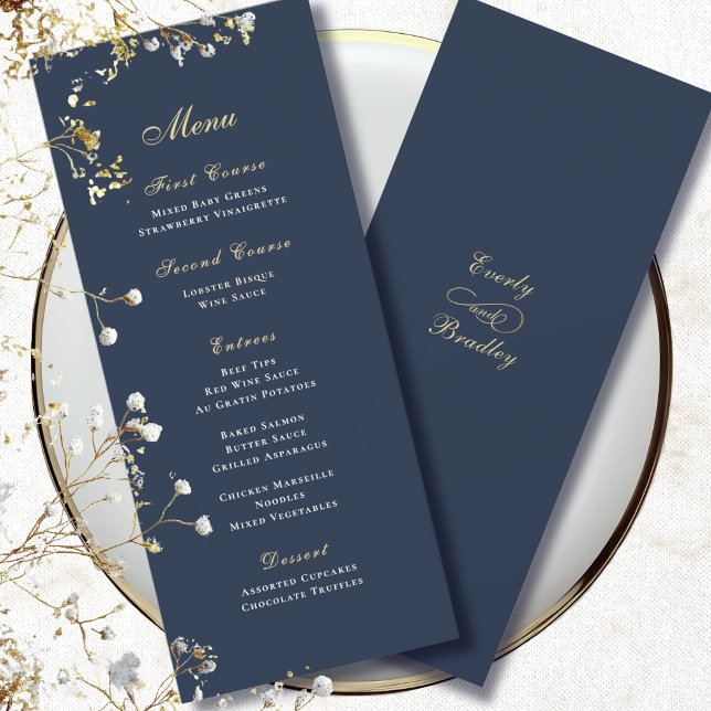 Invitación Fondo simple azul marino menú de letra script oro  (Subido por el creador)