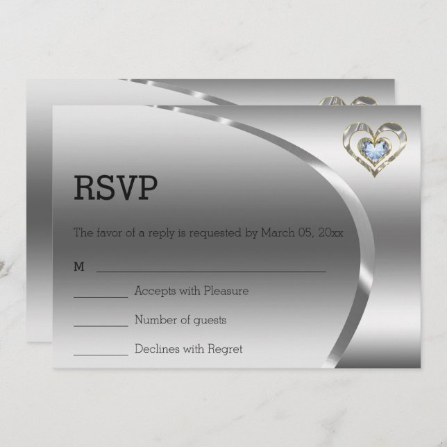 Invitación Fondo simple plateado y corazón de diamantes (Anverso / Reverso)