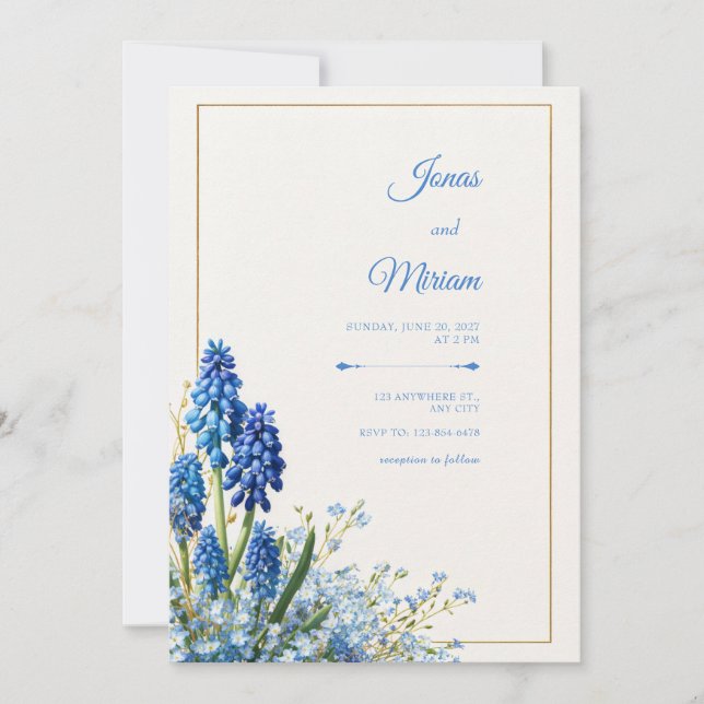Invitación Fondo Texturizado de Marco Dorado Cobalto Muscari (Anverso)
