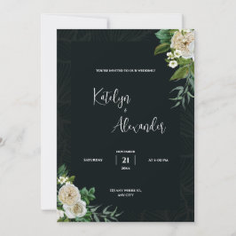 Invitación Fondo verde oscuro con boda de flores blancas