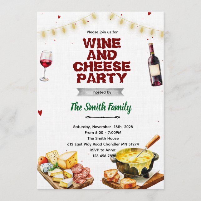 Invitación Fondue cheese wine party invitation (Anverso)