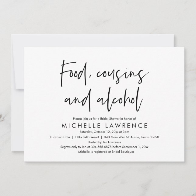 Invitación Food, Cousins and Alcohol, Casual Bridal Shower (Anverso)