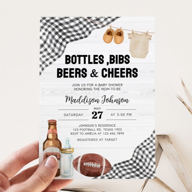 Invitación Football Baby Shower (Bottles, Bibs, Beers & Cheers Baby Shower Invitation)
