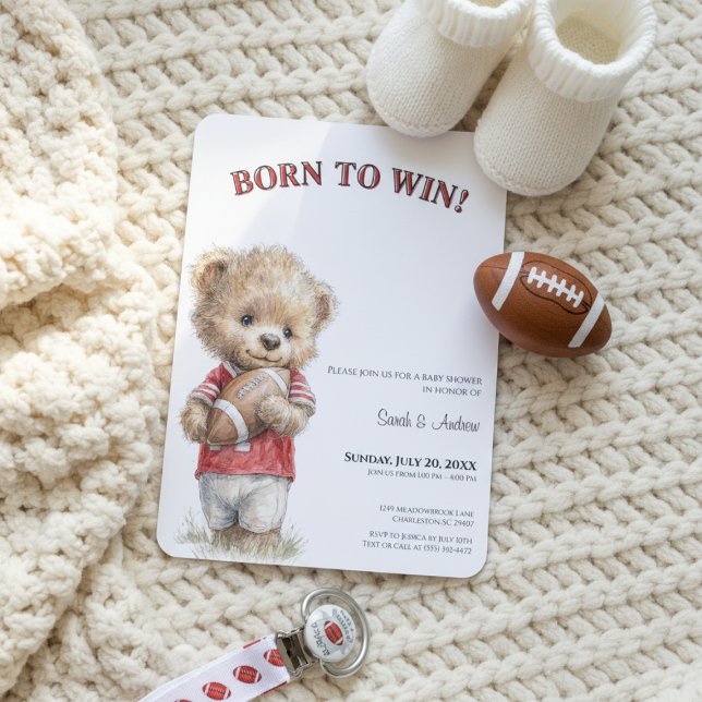 Invitación Football Baby Shower Invitation | Born to Win  (Football baby shower invitation with teddy bear and modern sporty theme, neutral tones, cozy flat la)