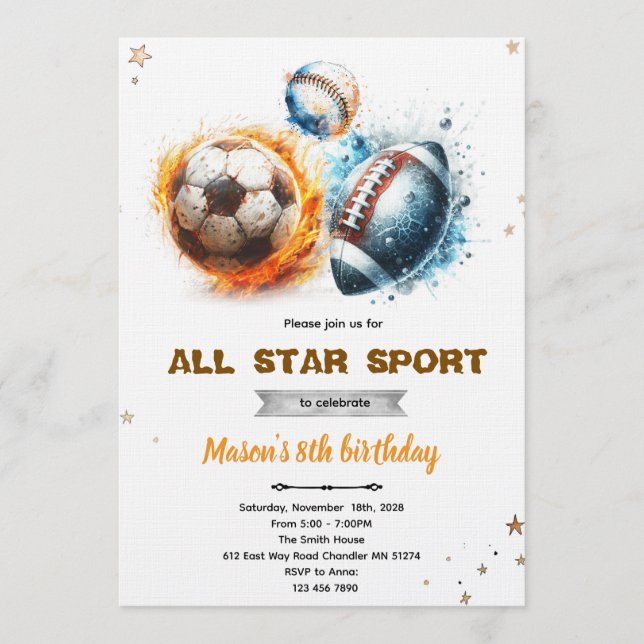 Invitación Football baseball and soccer party Invitation  (Anverso)