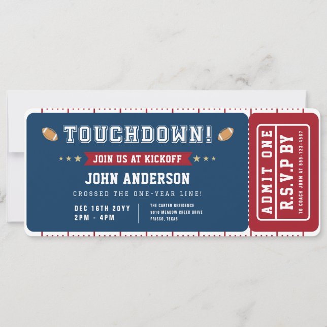 Invitación Football First Year Touchdown Birthday Ticket (Anverso)