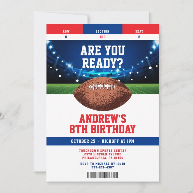 Invitación Football Kids Birthday Party Ticket Invitation (Anverso)