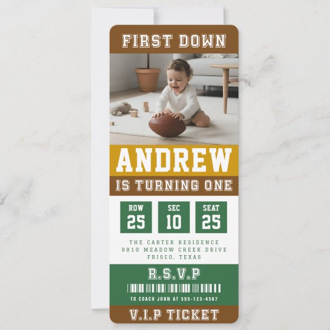 Invitación Football Ticket First Down 1st Birthday Kids Photo (Anverso)