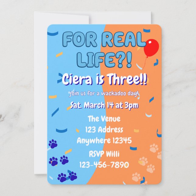 Invitación For Real Life Blue and Orange Puppy Paw Birthday (Anverso)
