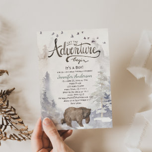Invitación Forest Adventure Boy Watercolor Bear Baby Shower