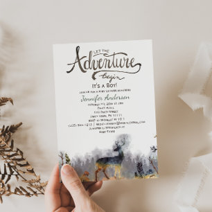 Invitación Forest Adventure Boy Watercolor Deer Baby Shower