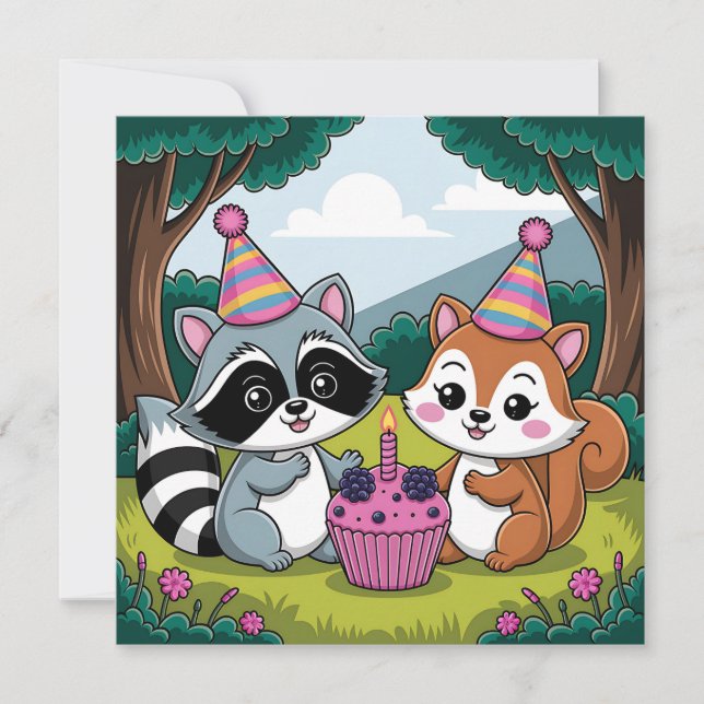 Invitación Forest Animals Themed Girl's First Birthday (Anverso)