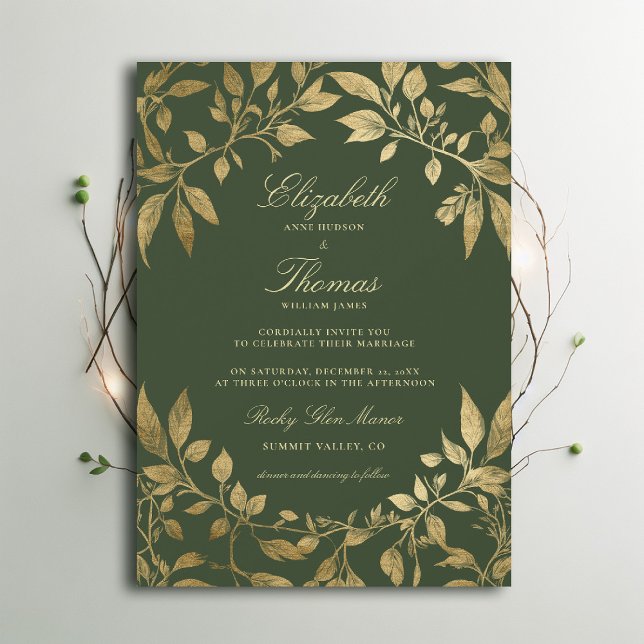 Invitación Forest Foliage Botanical Elegant Script Wedding (Moody Forest Foliage Frame Modern Classic wedding invitation emerald green gold elegant)