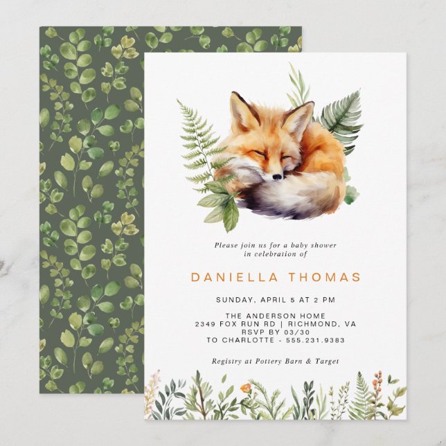 Invitación Forest Fox | Moderna Baby Shower neutra de género (Anverso / Reverso)