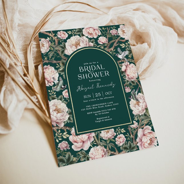 Invitación Forest Green Boho Chinoiserie Floral Bridal Shower (Subido por el creador)