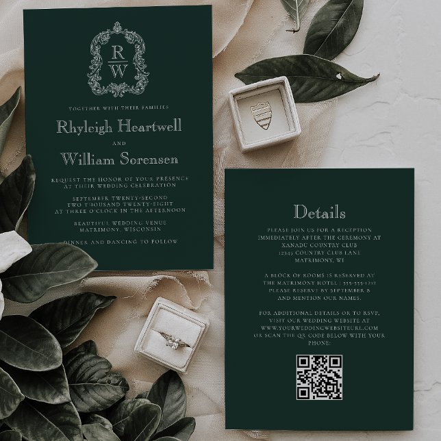 Invitación Forest Green Monogram Crest QR Code Wedding (Subido por el creador)