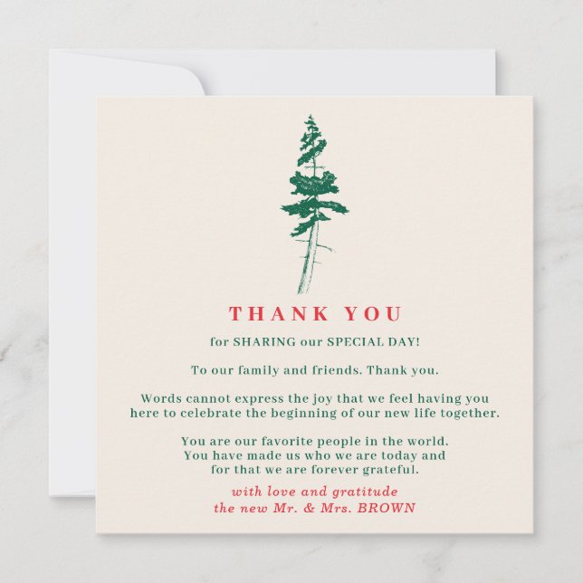 Invitación Forest Green & Red | Christmas Wedding Thank You (Anverso)