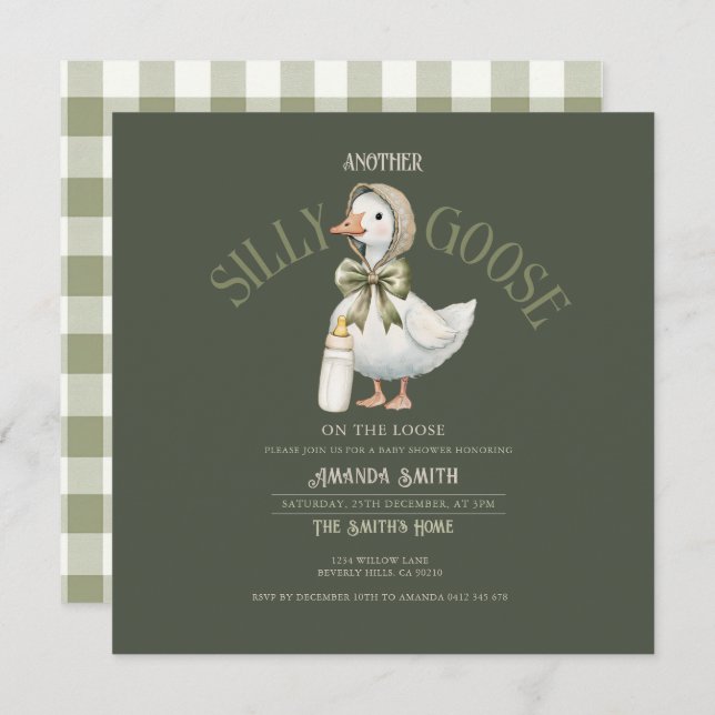 Invitación Forest Green Silly Goose neutral  Baby Shower  (Anverso / Reverso)