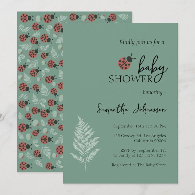 Invitación Forest Ladybugs Green Baby Shower (Anverso / Reverso)