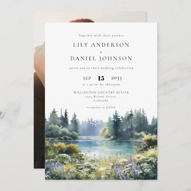 Invitación Forest Lakeside Wildflowers Floral Photo Wedding (Anverso / Reverso)