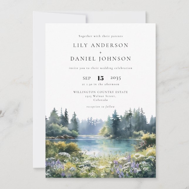 Invitación Forest Lakeside Wildflowers QR Code Wedding (Anverso)