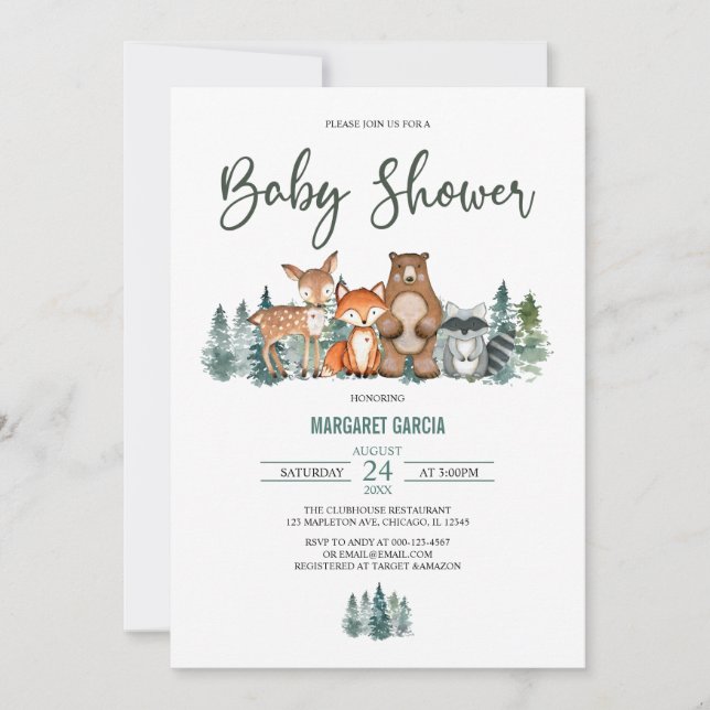 Invitación Forest Mountain Greenery Woodland Baby Shower (Anverso)