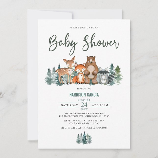 Invitación Forest Mountain Greenery Woodland Baby Shower (Anverso)