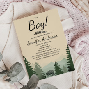 Invitación Forest Mountain Pine Country Bear Boy Baby Shower