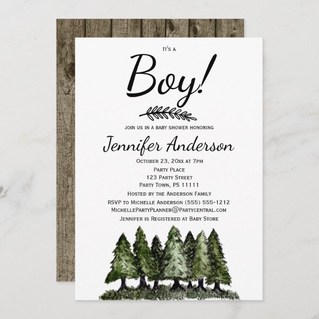 Invitación Forest Pine Rustic Country Boy Baby Shower (Anverso / Reverso)