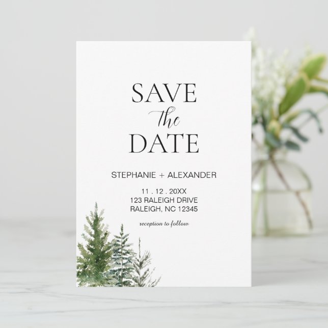 Invitación Forest Save the Date Winter Navidades boda (Anverso de pie)