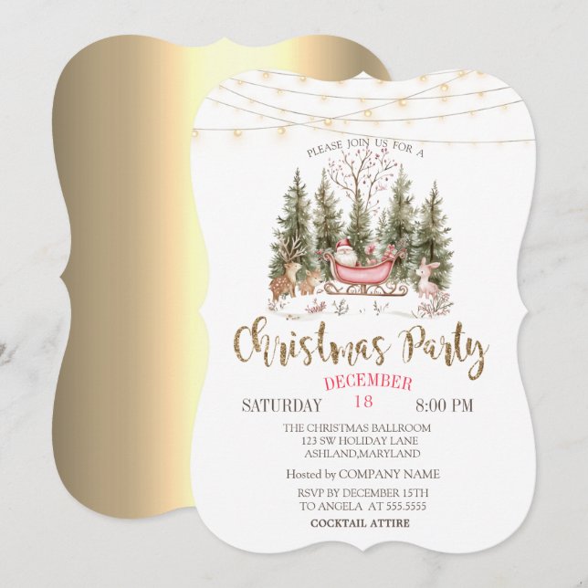 Invitación Forest, Sleigh, Compañía de Navidades de Oro Light (Anverso / Reverso)