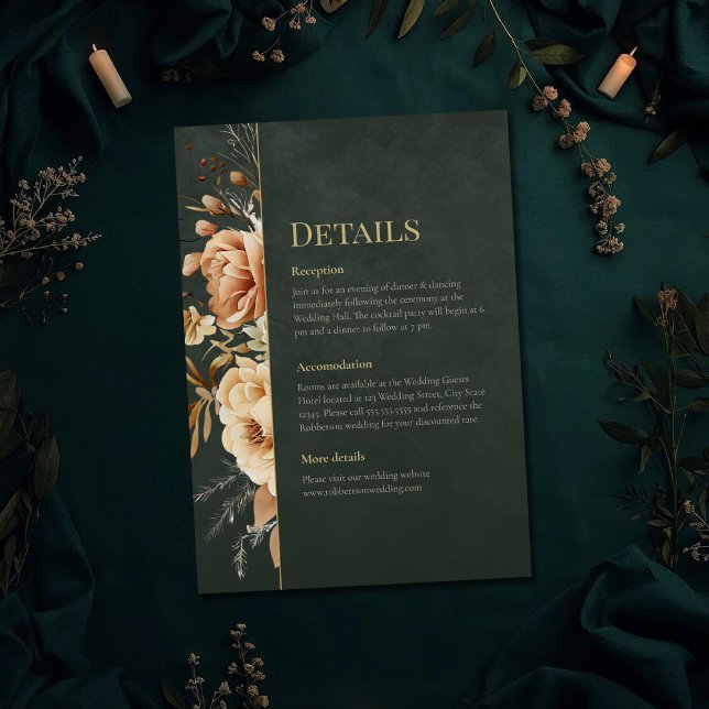 Invitación Forest Witch Green Floral Wedding Details Card (Forest Witch Green Floral Wedding Details Card on a dark green witchy wedding table with botanicals)