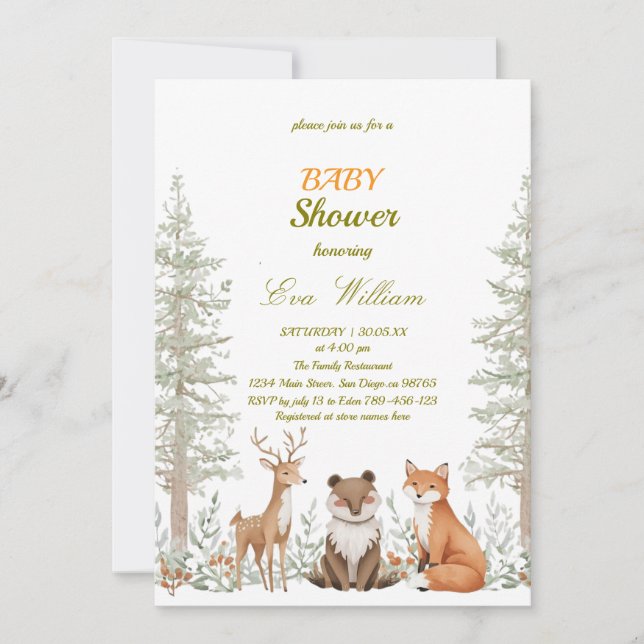 Invitación Forest Woodland Animals Baby Shower Invitation (Anverso)